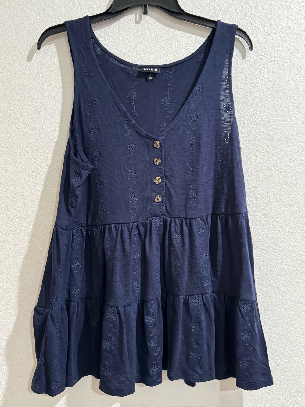 torrid Navy Eyelet Tiered Tank with Button Front